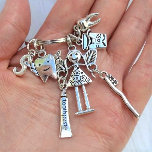 PERSONALISED Dentist Keyring Gift Tooth Fairy Tooth Brush Floss